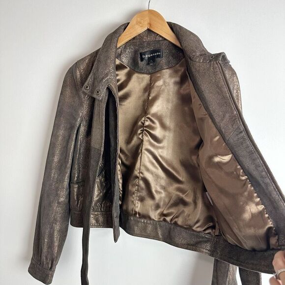 BAGATELLE Metallic Brown Leather Motorcycle Jacket Size Medium Scarf Tie Biker - Picture 8 of 16